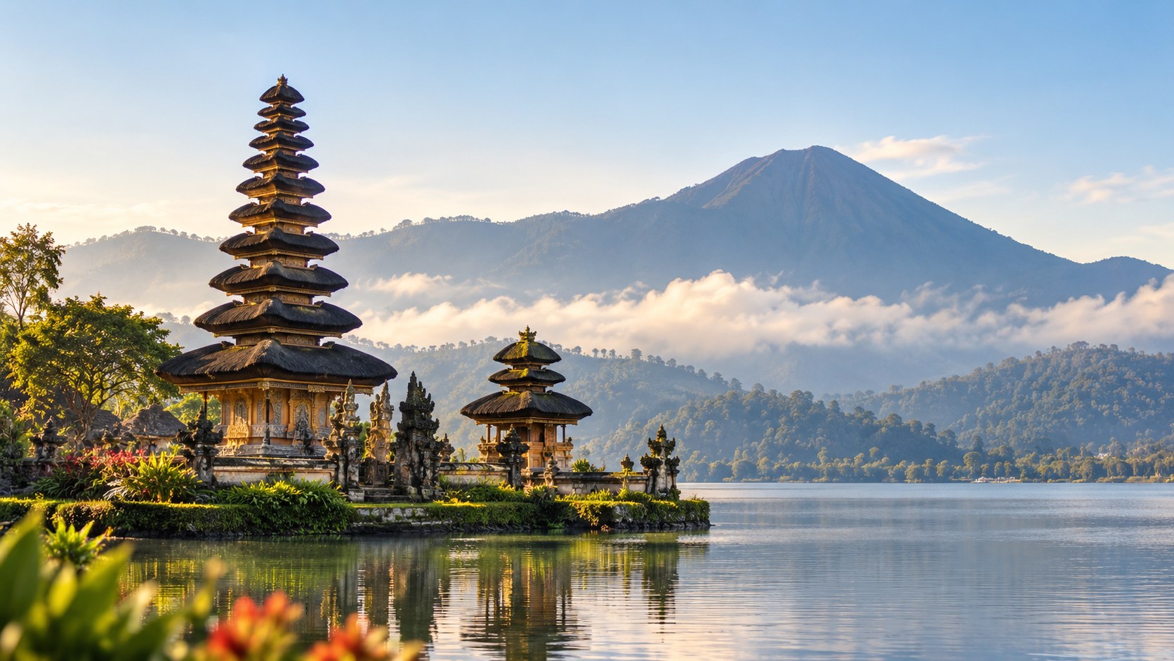Indonesian temple and mountain landscape